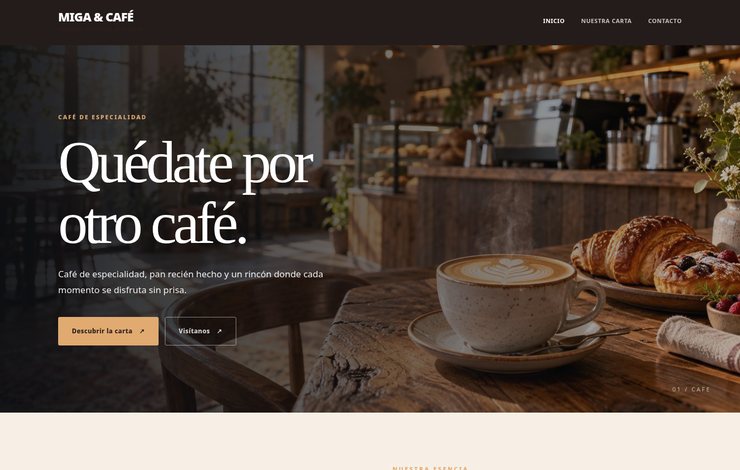 Captura real del sitio web de demostración MIGA & CAFÉ